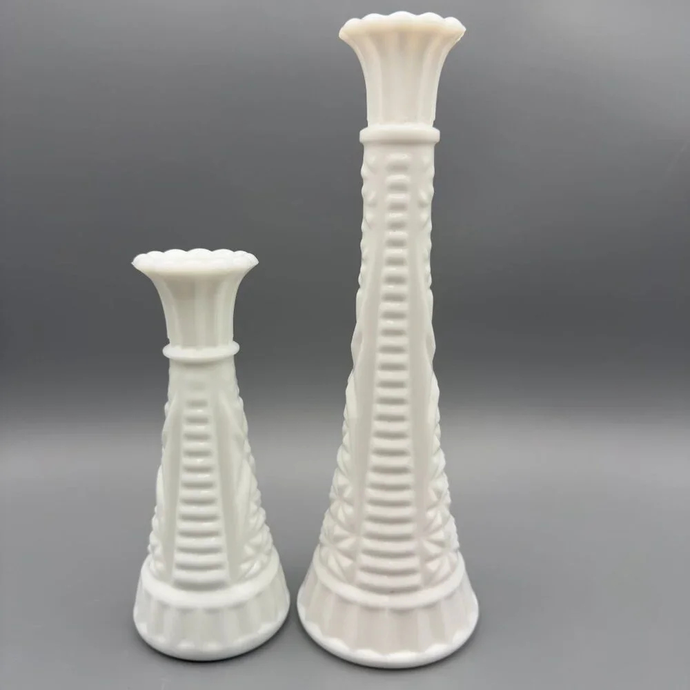 Vintage Milk Glass Bud Vases Set Of 2 Diamond Pattern Scalloped Rim
